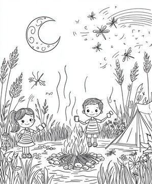 Cozy camping scene coloring book page, featuring kids roasting marshmallows around a campfire, with a tent, fireflies, and a bright moon above, 
