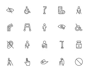 Disabled icon set. Vector illustration. Accessibility symbols. Includes hide, wheelchair, walking stick, injured, amputation, deafness, medicines, and more.
