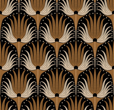 art deco palm leaves fans scallops in ochre beige brown cream on black background seamless pattern vector illustration repeat design print