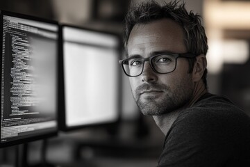 Focused programmer with glasses working intently on dual monitors displaying code, showcasing dedication and expertise.