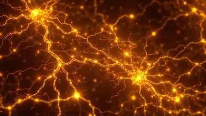 Glowing golden neural network with interconnected nodes and branching pathways on a dark background