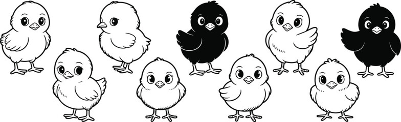 Cartoon baby chicks, cute farm bird characters, adorable chick illustration, kawaii poultry art, funny chicken icons, vector chick clipart, playful bird drawings