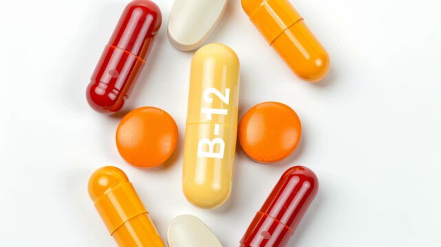 Vitamin B12 supplements concept ,Vitamin B 12 Supplements Various Colors and Shapes Capsules and Tablets for Optimal Health