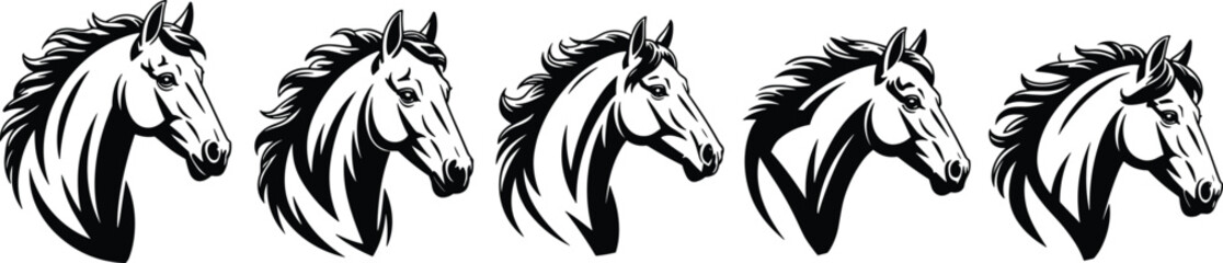 Black and white horse head illustration, vector art, equestrian logo design, stallion silhouette, wild mustang graphic, detailed mane drawing, animal emblem © KRISNARANI