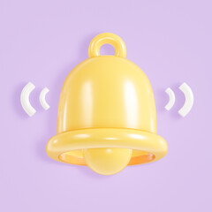 Yellow notification bell ringing isolated on purple background, concept of social media reminder, notices and subscriptions, minimal style, 3d render.