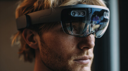 Close up of young man wearing augmented reality headset with reflective digital interface for futuristic technology visualization