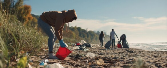 The volunteers collecting trash on a sandy shoreline during a coastal cleanup effort