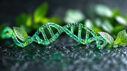 A twisting green strand like DNA rests among vibrant mint leaves, symbolizing life