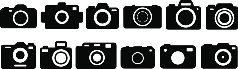 Black and white camera icons, photography equipment symbols, vintage and modern camera silhouettes, minimalist design, vector illustration, creative graphic elements, isolated set