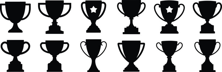 Trophy silhouette icons, award cup designs, championship prize symbols, sports achievement graphics, victory award elements,