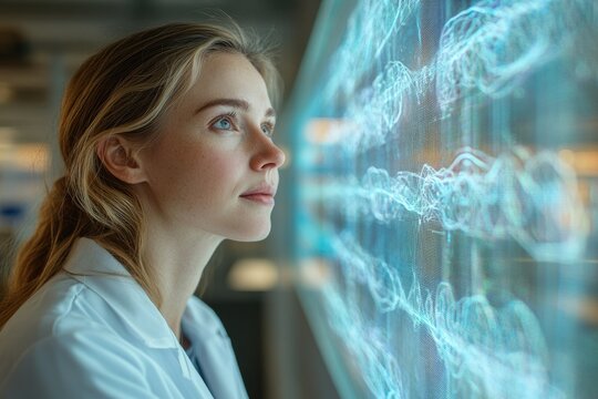 A female scientist in a lab coat studies complex data visualized on a futuristic screen.