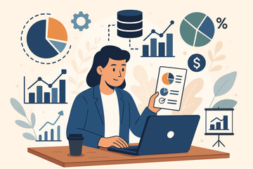 Business analyst with data management system making report with KPI metrics. Corporate strategy for finance, operations. Data visualization, dashboard, chart, graph concept vector.