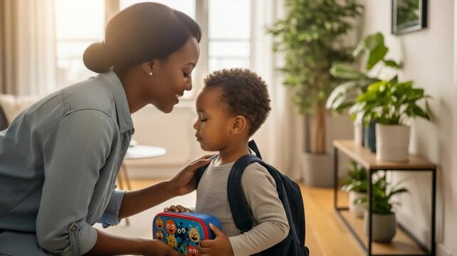 Happy African American mother and son getting ready for school. Back to school concept.
