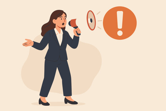 Businesswoman shouting in loudspeaker. Important announcement, attention and alert concept. Confident female leader with megaphone makes a statement. Broadcasting news or protest.