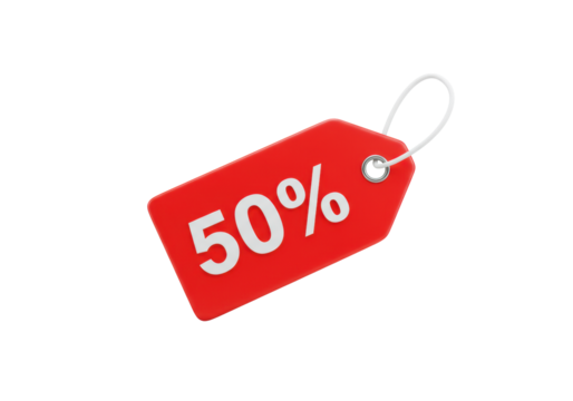 A vibrant bright red, glossy price/discount tag with a white '50%' symbol, isolated against a transparent background with ample negative space, studio shot, commercial sales concept