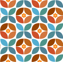 mid mod  retro abstract geometric minimalist blooms and leaves in brown blue beige teal colors seamless pattern, vector illustration repeat design print