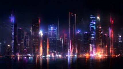 A vibrant cityscape at night, using bright neon lights and abstract forms to capture the energy and vibrancy of urban life.