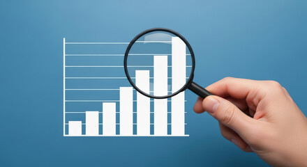 Magnifying Glass Examining Upward Bar Graph on Blue Background Representing Detailed Analysis of Business Growth and Positive Performance Trends in Finance