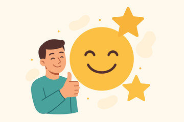 Customer satisfaction concept vector. Happy man gives thumb up for positive feedback. Excellent service review with smile face and stars for quality rating. User experience survey.