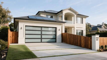 Modern White Two-story House with Solar Panels and Wooden Fence in Suburban Neighborhood