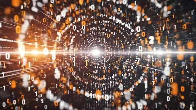 Futuristic digital tunnel with glowing binary code and data streams representing advanced technology and information flow