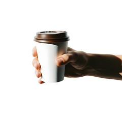 Isolated view of a human hand holding a blank white disposable hot beverage cup with a brown lid, casting a sharp shadow on a pristine white background, perfect for advertising or design mockups