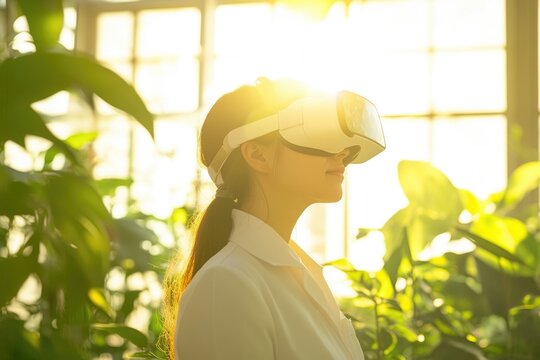 A woman in a lab coat uses VR technology amidst lush greenery, exploring virtual worlds.
