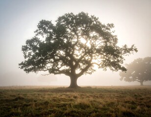Majestic oak tree in a misty field at sunrise
