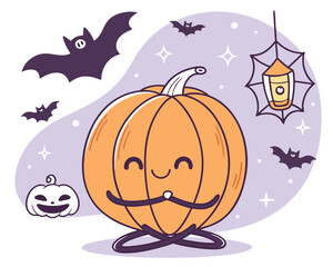 Cute Halloween pumpkin character meditating with bats and lantern