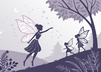 Fairies In A Magical Landscape With Moon And Stars