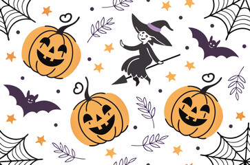 Halloween illustration with pumpkins, witch, and bats on white