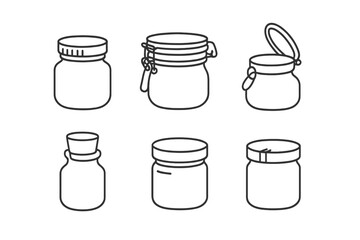 Jar lid icons outline set. Vector graphic collection of various container closures. Includes screw cap, clamp lid, flip-top, cork stopper, and metal screw lid styles.