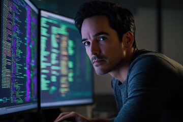 Fototapeta premium A focused programmer intently works late into the night, immersed in lines of code on his dual monitors.