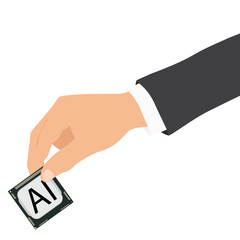 Businessman holding innovative and advanced AI accelerated microprocessor chip CPU in hand