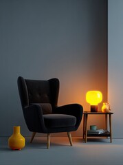 Dark chair, warm lamp, muted room