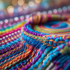 Vibrant Rainbow Textile: Close-Up of Colorful Yarn and Crochet Texture