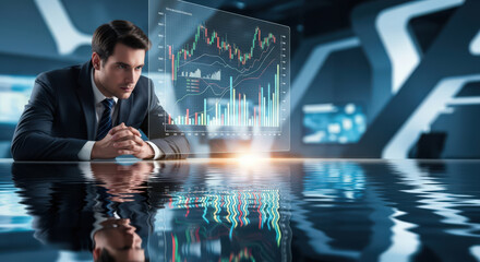 Visionary Financial Analyst Contemplating Market Trends and Investment Strategies with Advanced Holographic Display in a Modern Corporate Setting for Future Growth