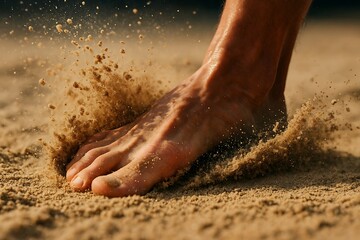 Macro close-up of sand exploding under long jump foot, detailed action shot symbolizing athletic performance, power, motion, training, and track & field sports