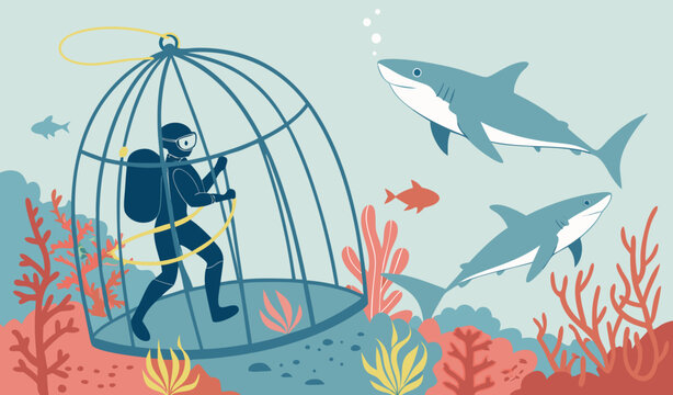 Scuba diving in the sea inside cage around sharks. Beautiful seascape fauna. Diver exploring ocean nature. Concept of exploration and development. Vector illustration 