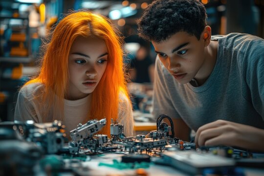 Two teenagers collaborate intently on assembling a complex robotic mechanism, showcasing teamwork and STEM engagement. - Powered by Adobe
