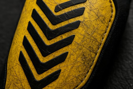 Macro close-up of football shin guard scratched surface, detailed protective gear texture, symbol of sports intensity, endurance, safety and athletic performance