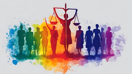 Diverse figures, balance scales, justice