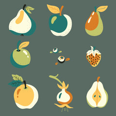 Vibrant Pastel Fruit Set Flat Vector Illustration - Colorful Fruit Collection Apples Pears and Berries