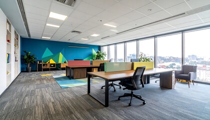 Modern, brightly colored office space with open workstations and city views.