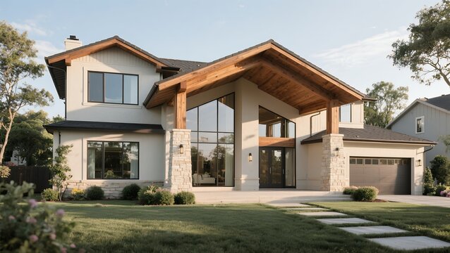 Modern Two-story House with Large Windows and Wooden Porch in Suburban Neighborhood - Powered by Adobe