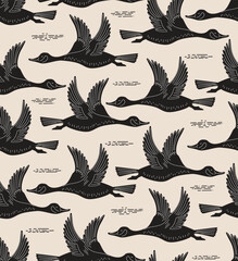 flying geese birds block print black beige seamless pattern, vector illustration hand drawn design natural print