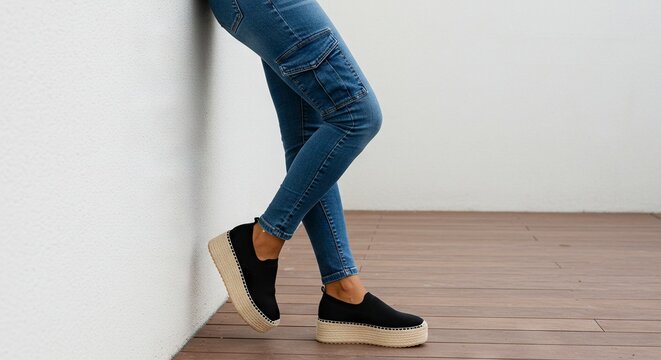 A person in cargo jeans leans against a white wall wearing black flatform espadrille shoes on a wood floor