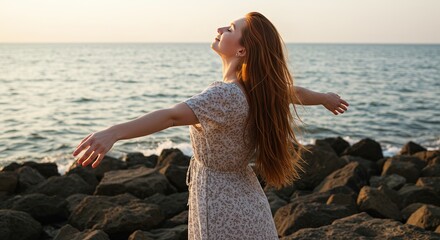 Woman with outstretched arms enjoying the wind and breathing fresh air on the rocky beach 