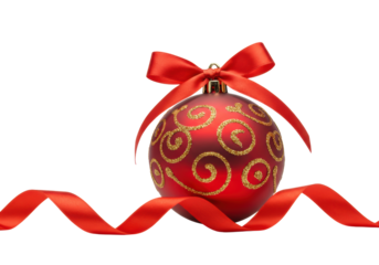 Pristine red Christmas bauble with intricate gold glitter swirls and red satin ribbon, flowing into foreground on white studio background, elegant holiday cheer concept
