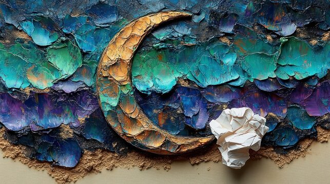 A textured crescent moon with colorful waves, radiating creativity
